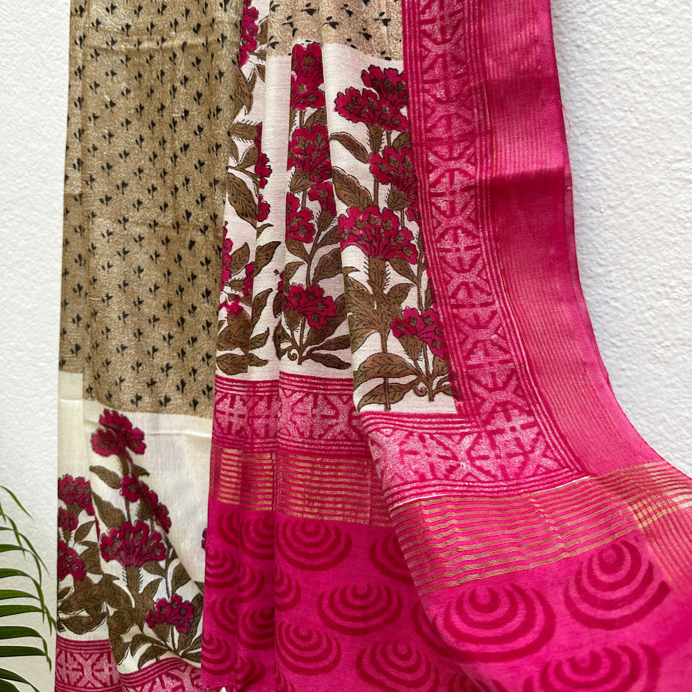 Fuchsia Overglow Handblock Cotton Viscose Silk Saree