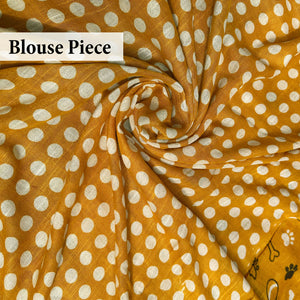 Golden Paws mustard cotton dog print saree with polka blouse piece, Zoomies Collection