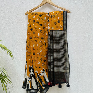 Golden Paws mustard cotton dog print saree with paw print bone motifs, illustrated dog border and black zari pallu, Zoomies Collection