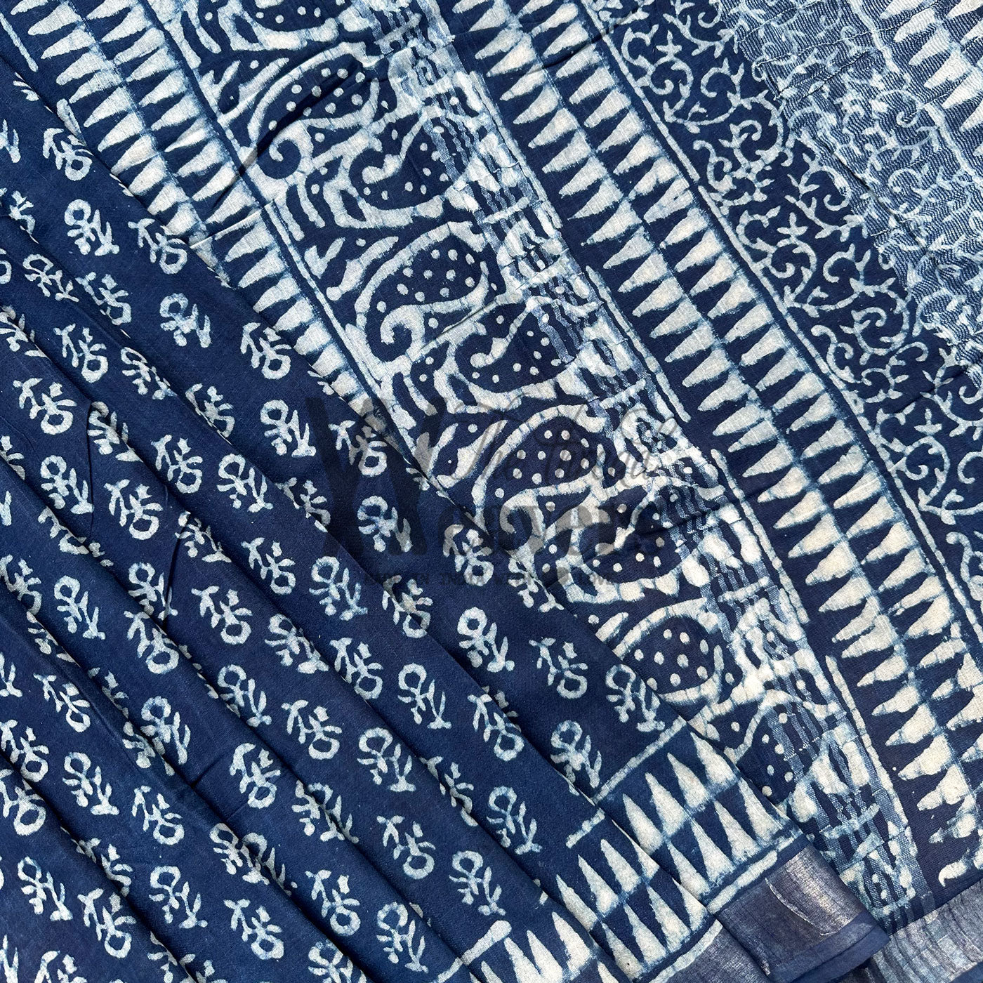 Gulbahaar Indigo Hand Block Cotton Linen Saree