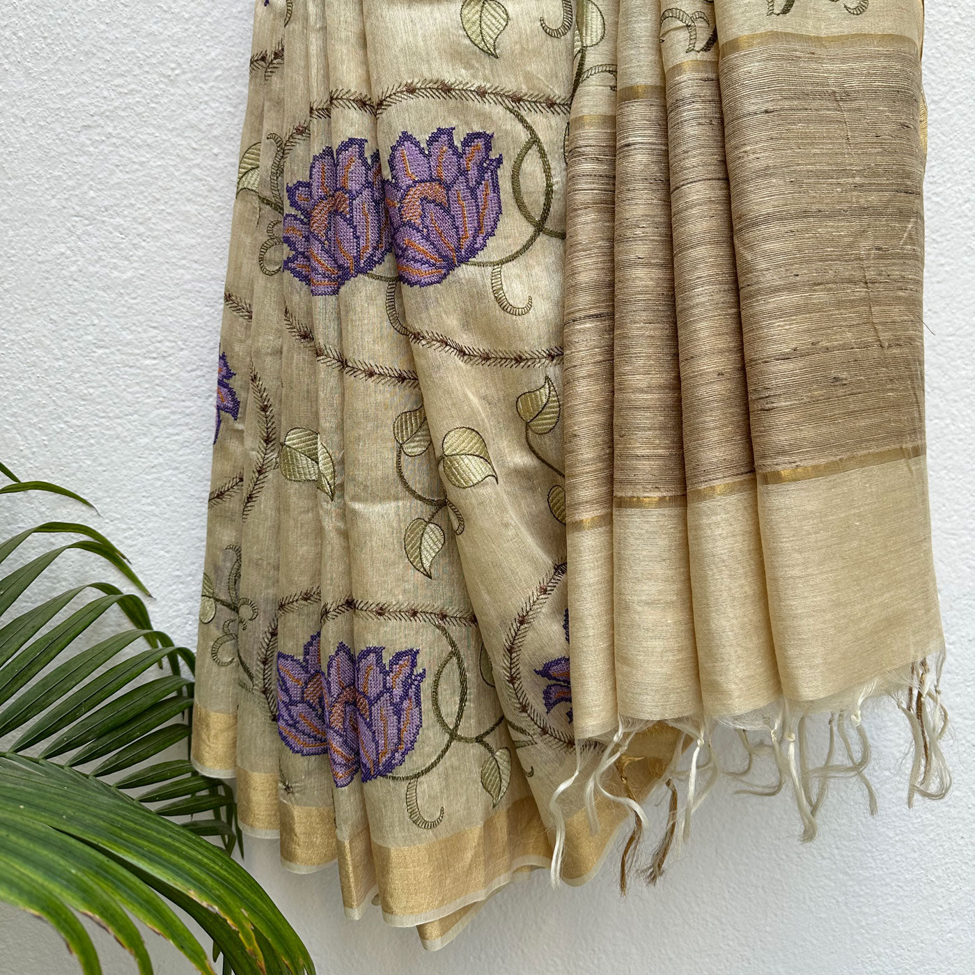 Kashmiri Kaawa Embroidered Desi Tussar Silk Saree
