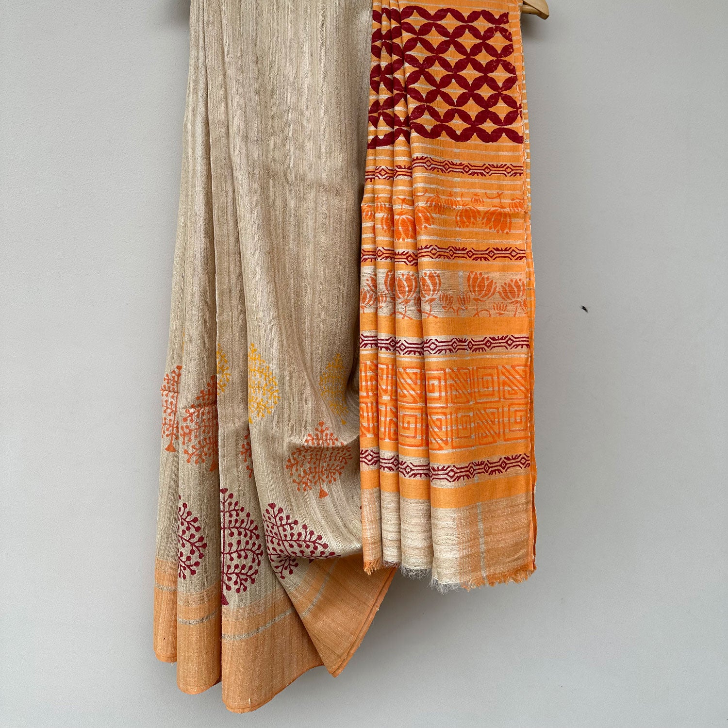 Madhushaala Handblock Printed Handwoven Tussar Silk Saree