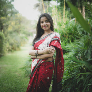 Main Character Energy red cotton cat print saree with fishbone motifs, sleeping cat border and black zari pallu, Zoomies Collection