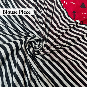 Main Character Energy red cotton cat print saree with black and white striped blouse, Zoomies Collection