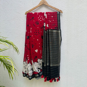 Main Character Energy red cotton cat print saree with fishbone motifs, sleeping cat border and black zari pallu, Zoomies Collection