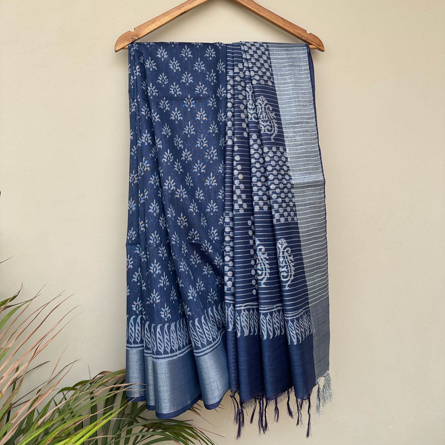 Sun buti hand block print indigo cotton silk saree full view with paisley keri border – Manah by The Thread Weavers