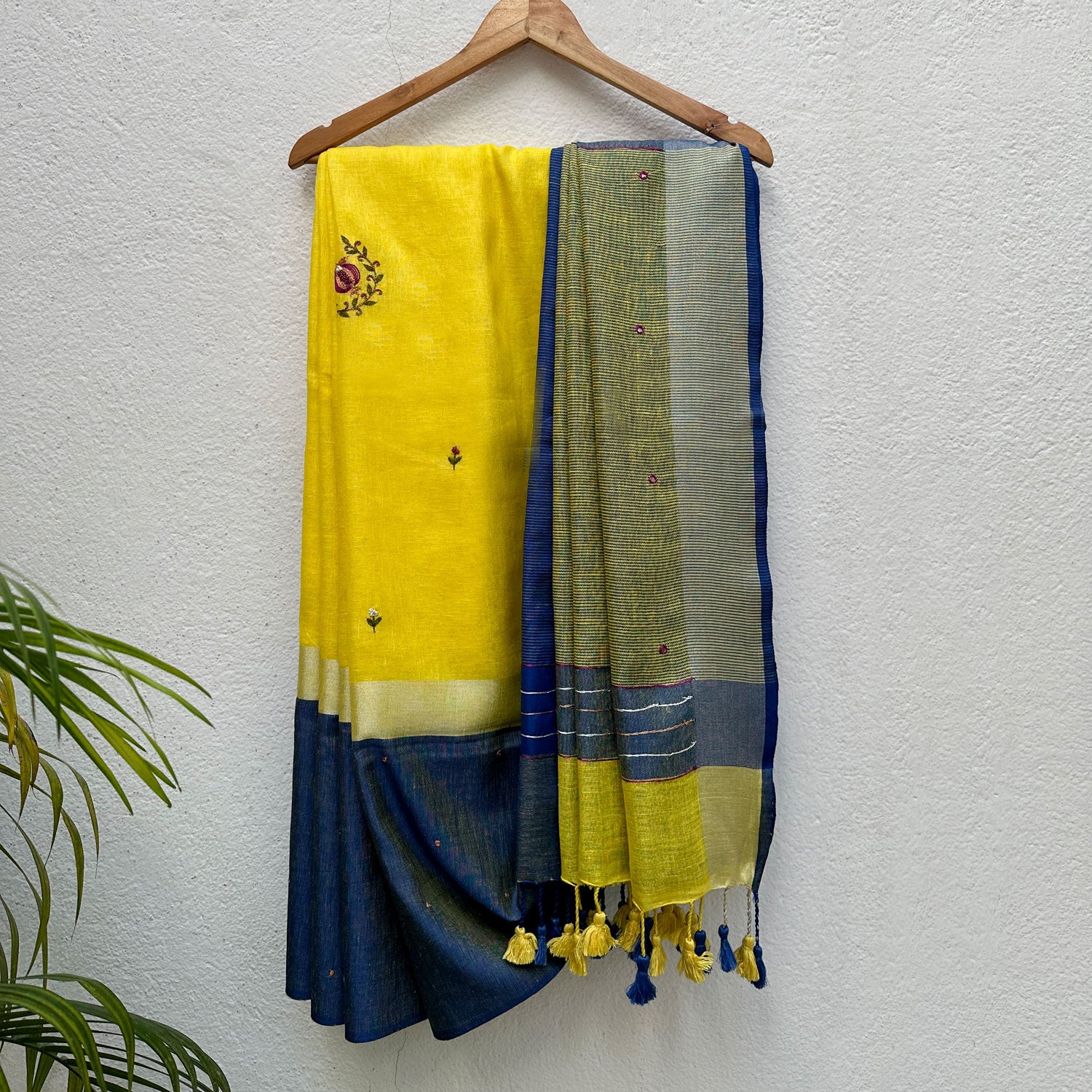 Marigold Hand Embroidered Linen Saree