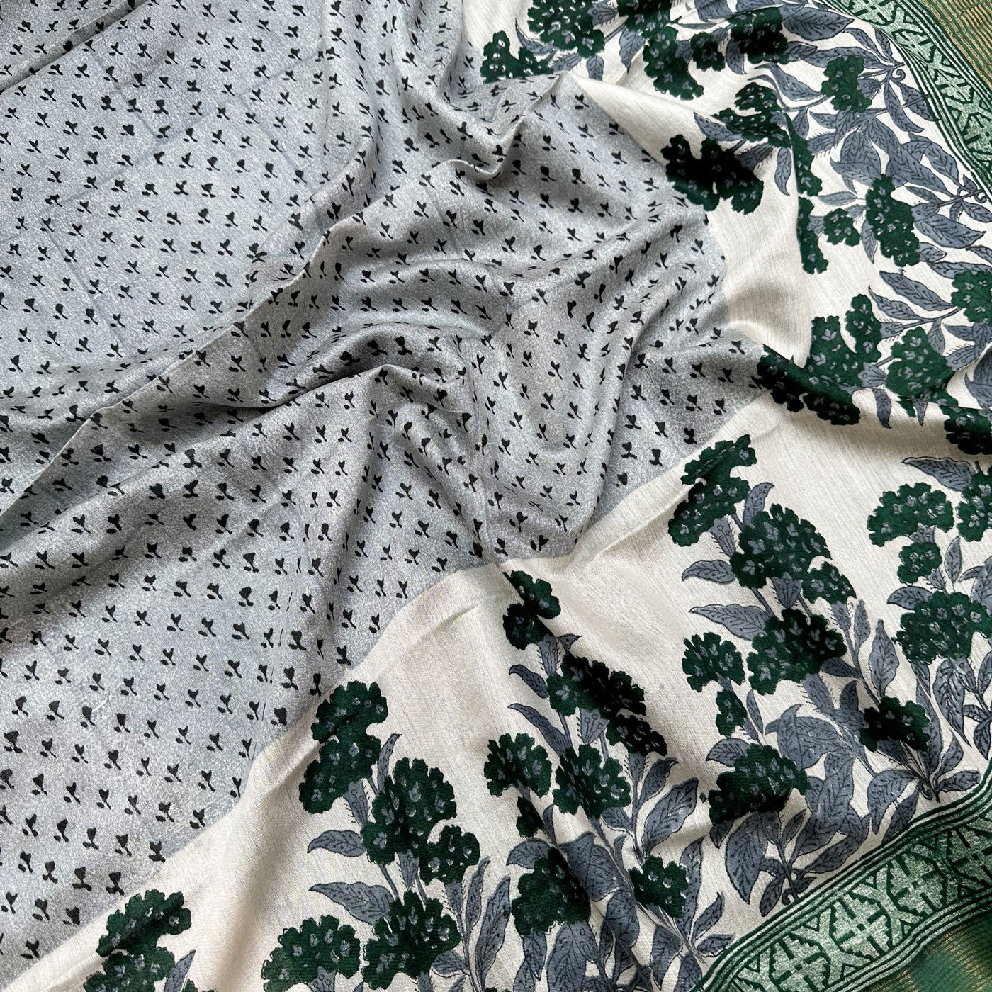 Mint Green Handblock Cotton Viscose Silk Saree