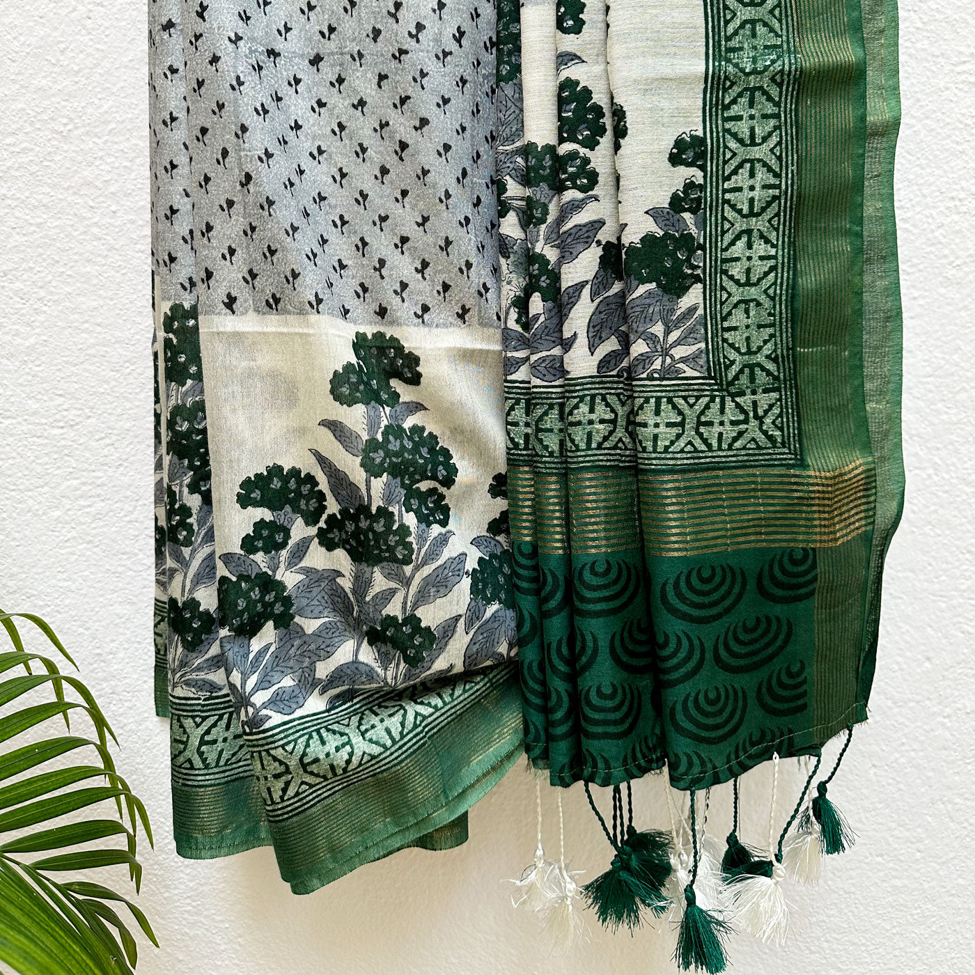 Mint Green Handblock Cotton Viscose Silk Saree