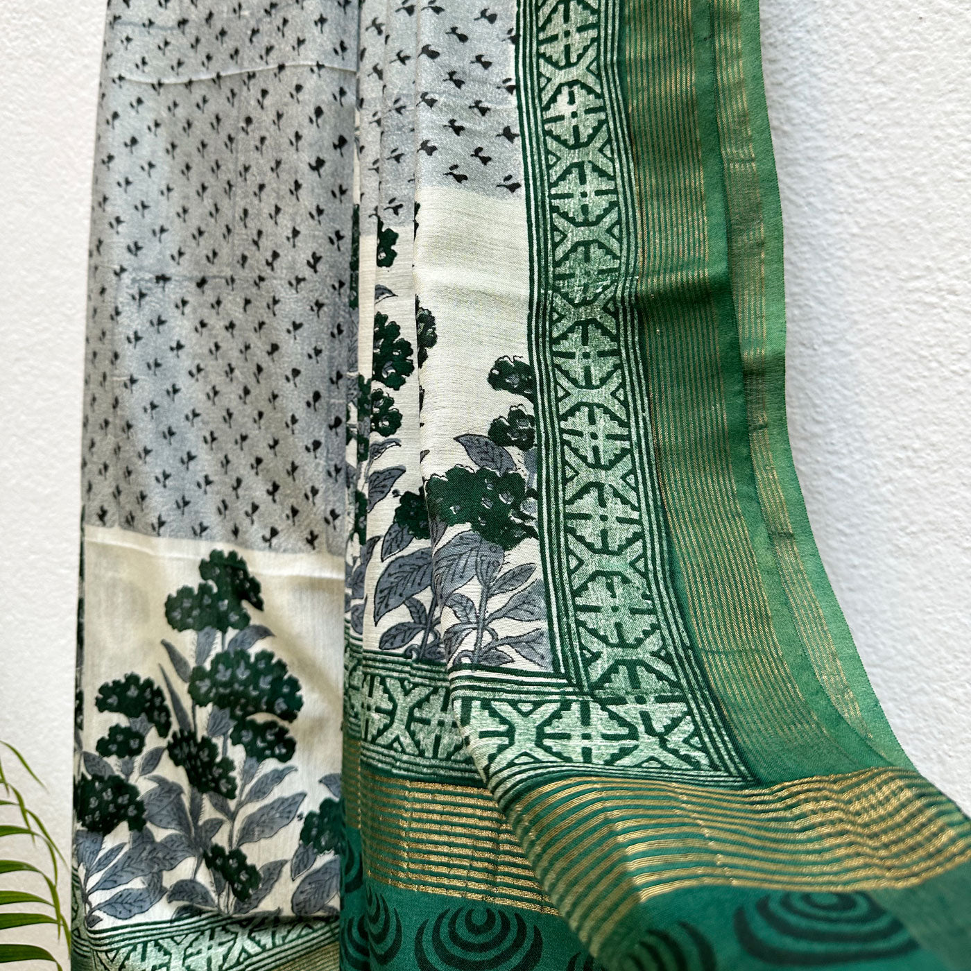 Mint Green Handblock Cotton Viscose Silk Saree