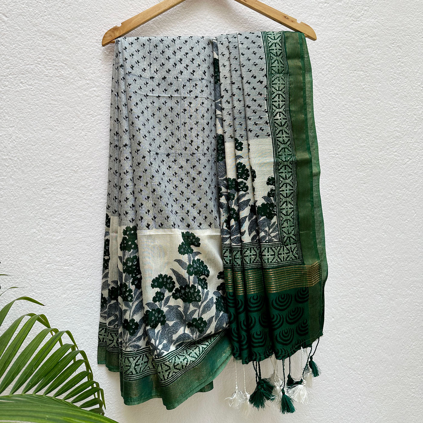 Mint Green Handblock Cotton Viscose Silk Saree