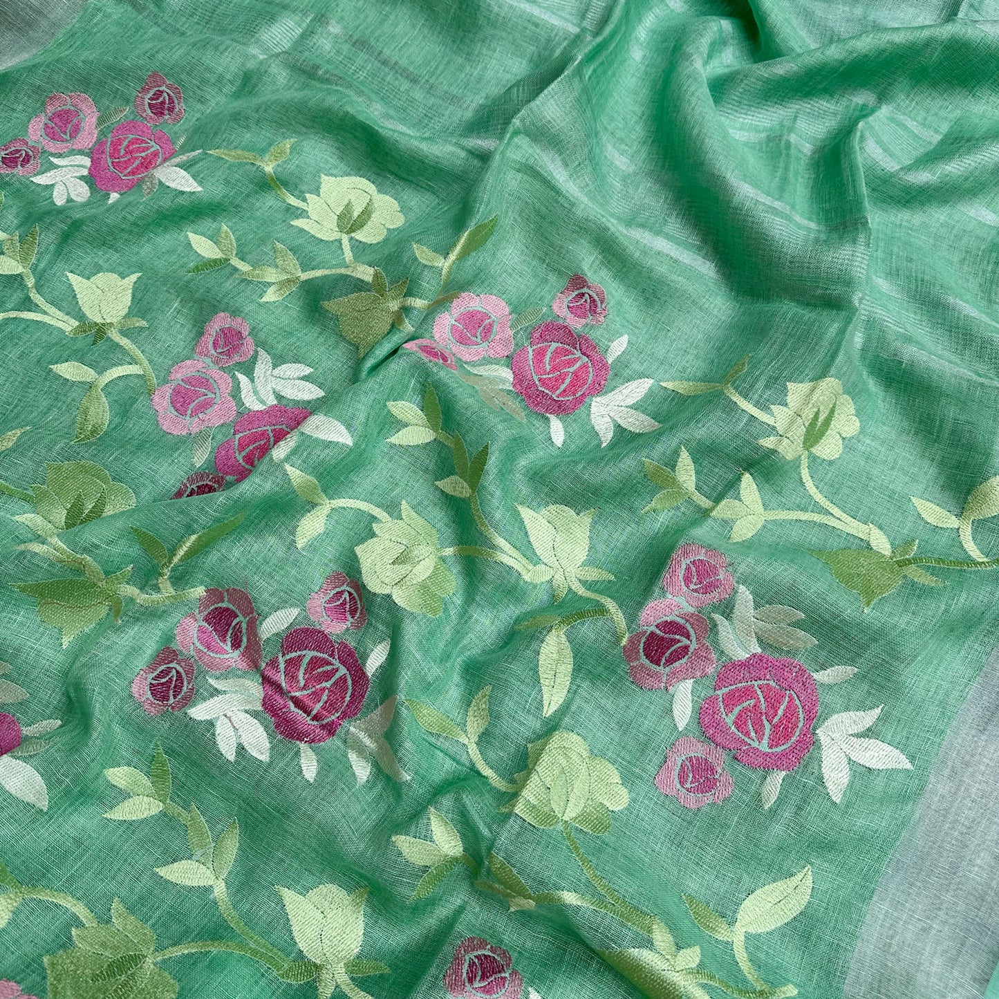 Minty Hues Linen Embroidered Saree