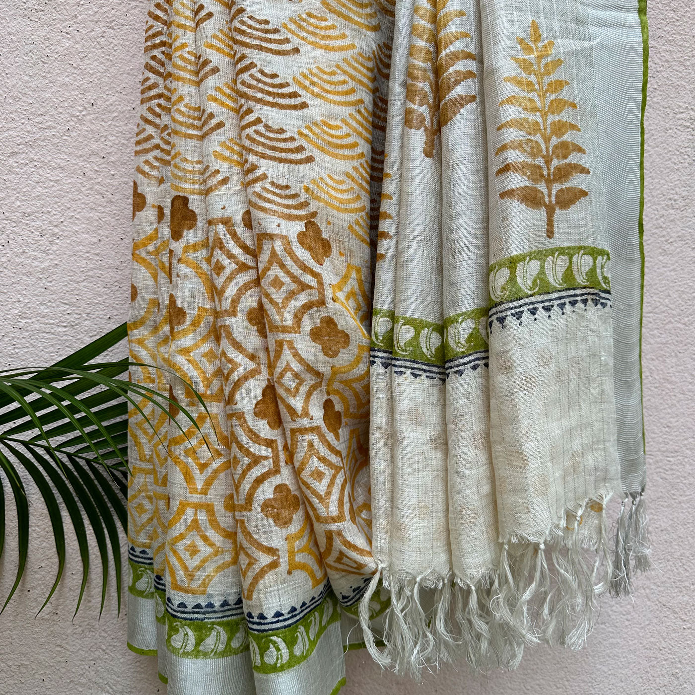 Morning Dew Handblock Printed Pure Linen Saree