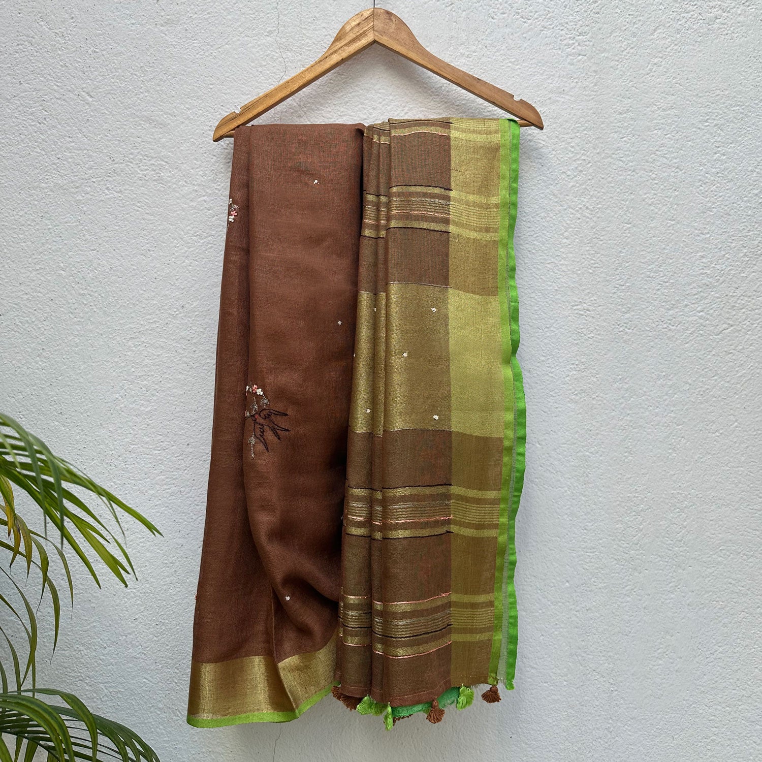 Moss Garden Linen Hand Embroidered Saree