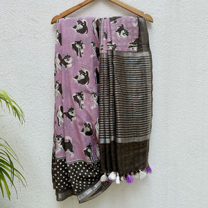 Much Wow lavender cotton Shiba Inu dog print saree with charcoal print, polka dot border and dark charcoal zari pallu, Zoomies Collection