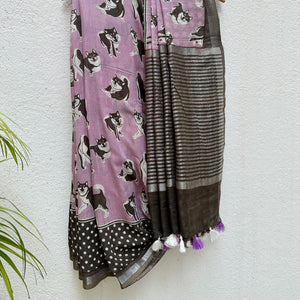 Much Wow lavender cotton Shiba Inu dog print saree with charcoal print, polka dot border and dark charcoal zari pallu, Zoomies Collection