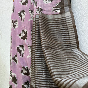 Much Wow lavender cotton Shiba Inu dog print saree with charcoal print, polka dot border and dark charcoal zari pallu, Zoomies Collection