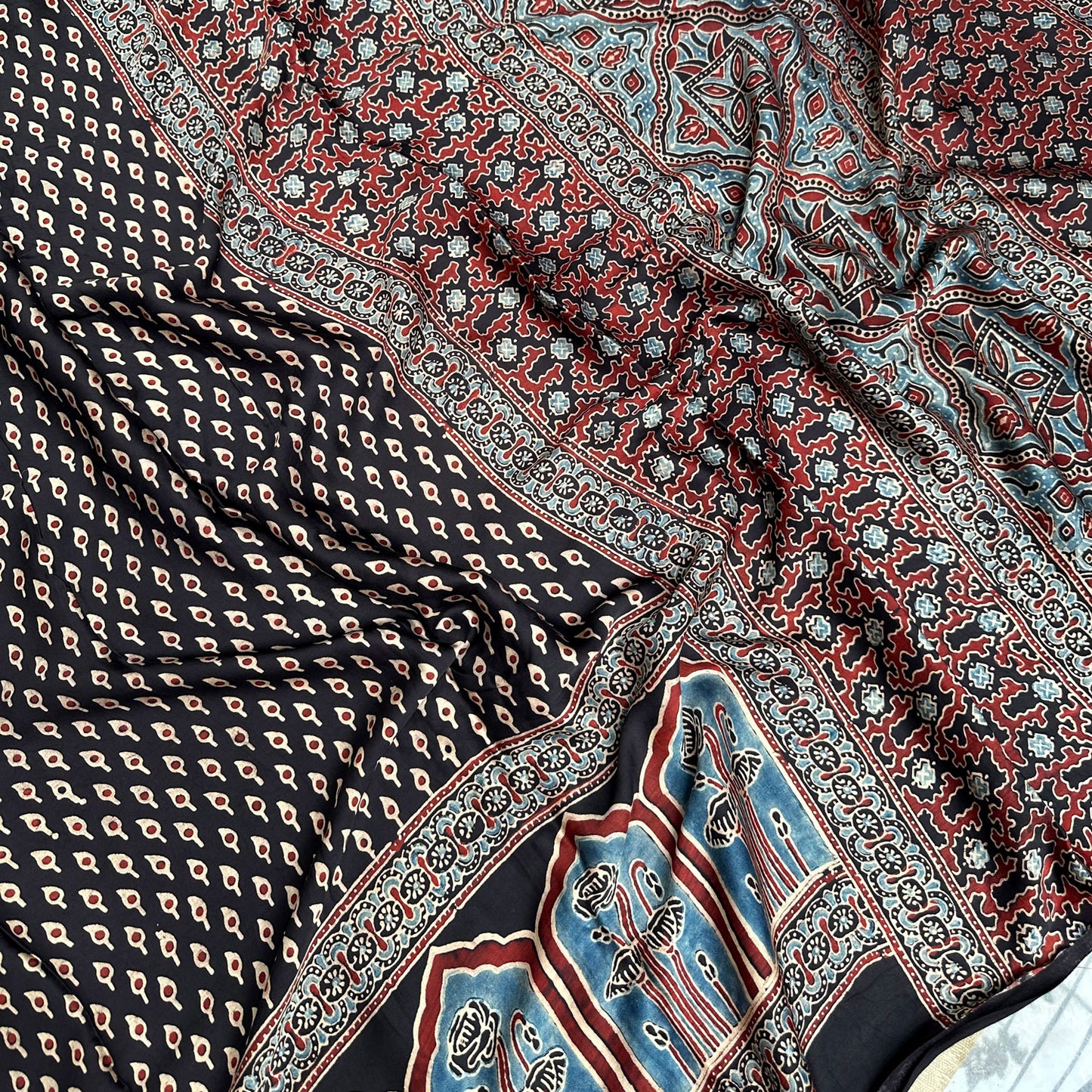 Naayab Handblock Printed Ajrakh Modal Silk Saree