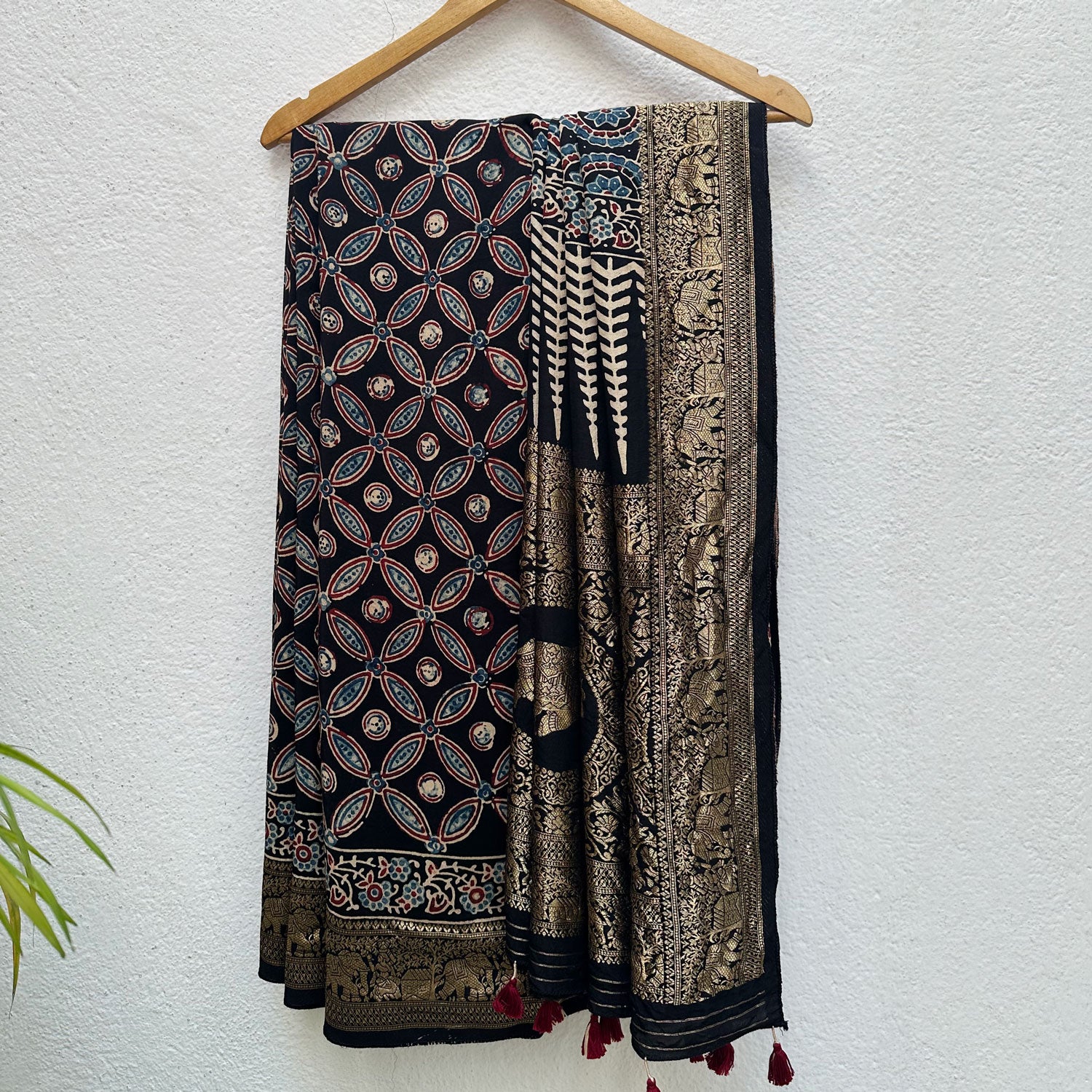 Naayab Handblock Printed Ajrakh Modal Silk Saree