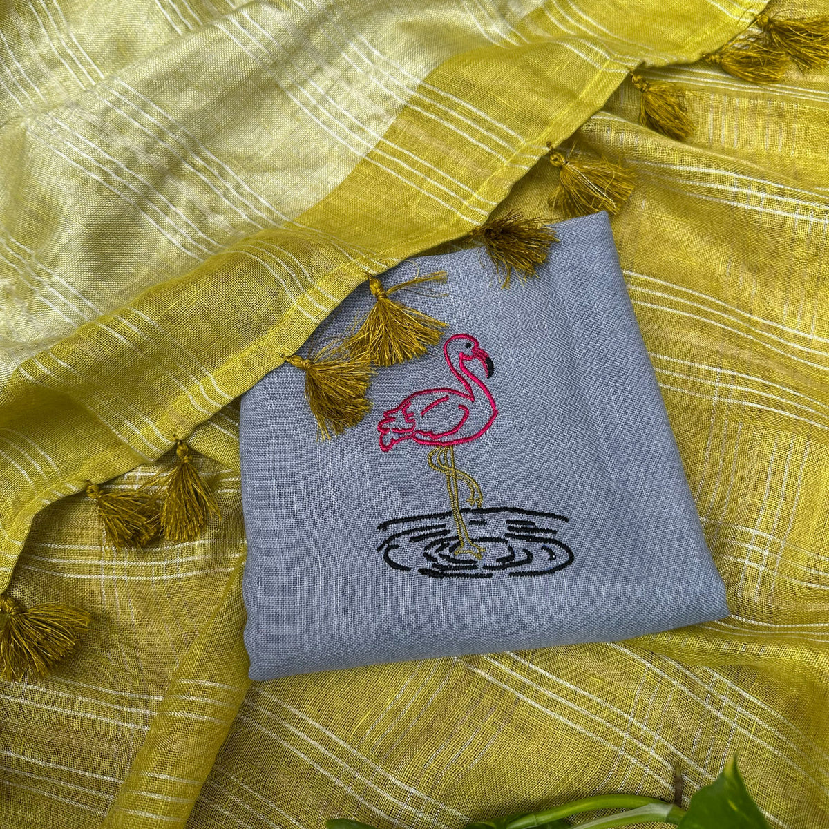 Nazaakat Check Pure Linen Saree with Flamingo Embroidered Blouse Piece