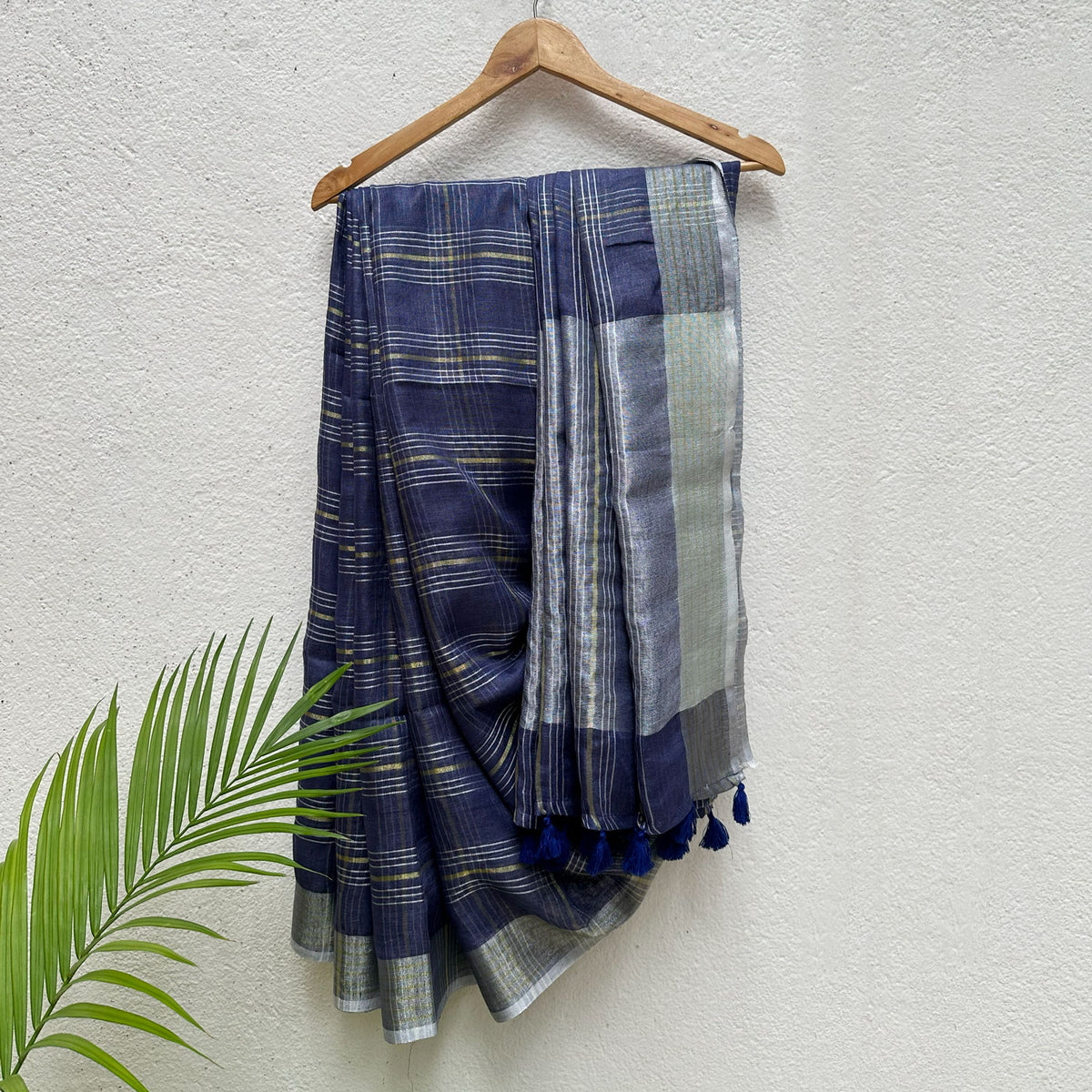 Neel Check Pure Linen Saree with Audrey Embroidered Blouse Piece
