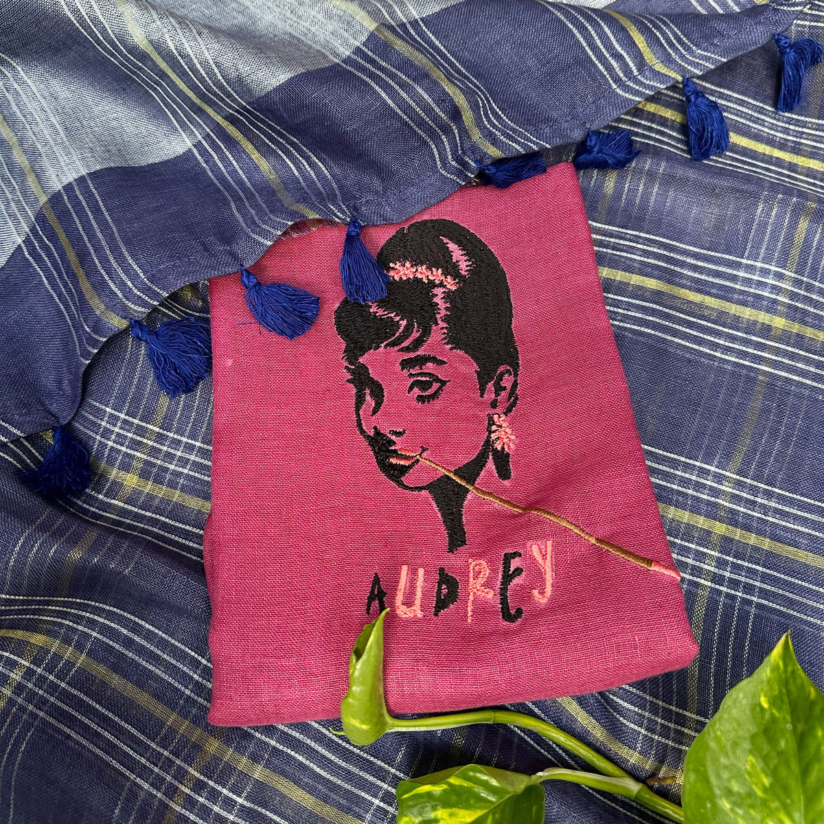 Neel Check Pure Linen Saree with Audrey Embroidered Blouse Piece