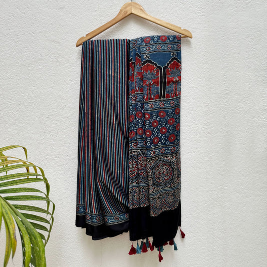 Neeraj Handblock Printed Ajrakh Modal Silk Saree