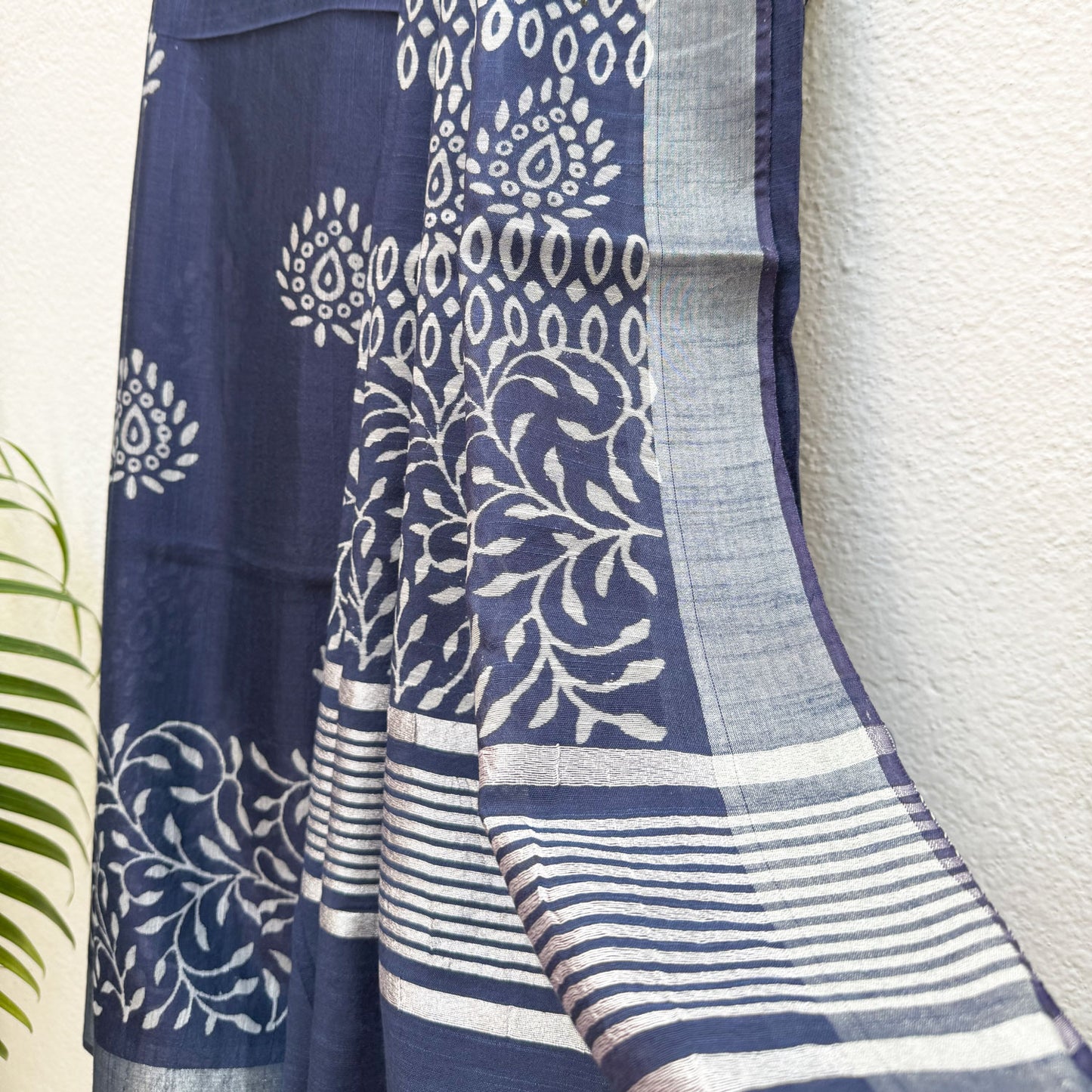Nergis Indigo Hand Block Cotton Silk Saree