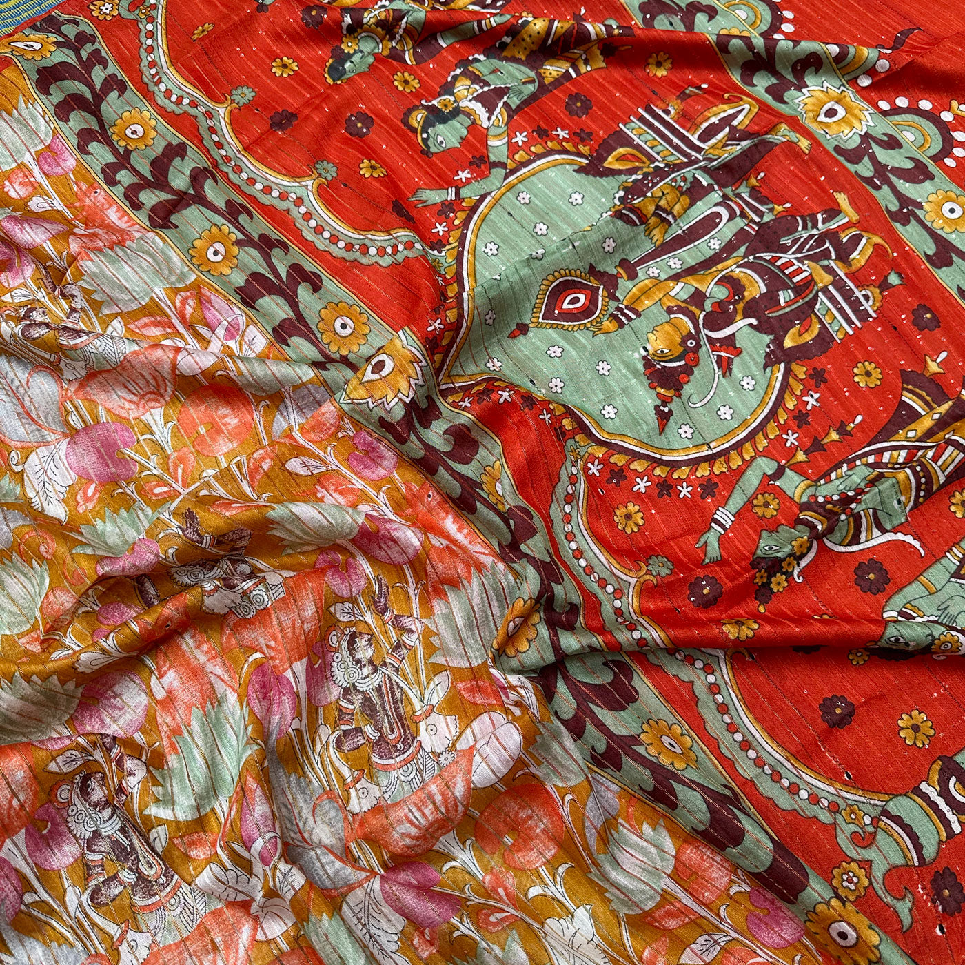 Ochre Pichwai Cotton Viscose Sequins Silk Saree