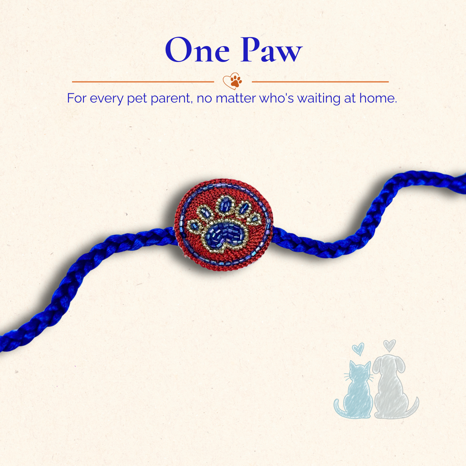 Hand-embroidered paw rakhi, close-up beadwork detail