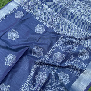 Closeup of Flower of Life mandala and yantra border hand block print on indigo cotton silk – Padma