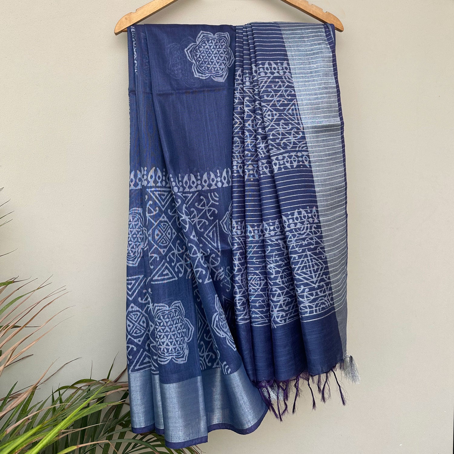 Side view of Flower of Life mandala hand block print indigo cotton silk saree – Padma by The Thread Weavers