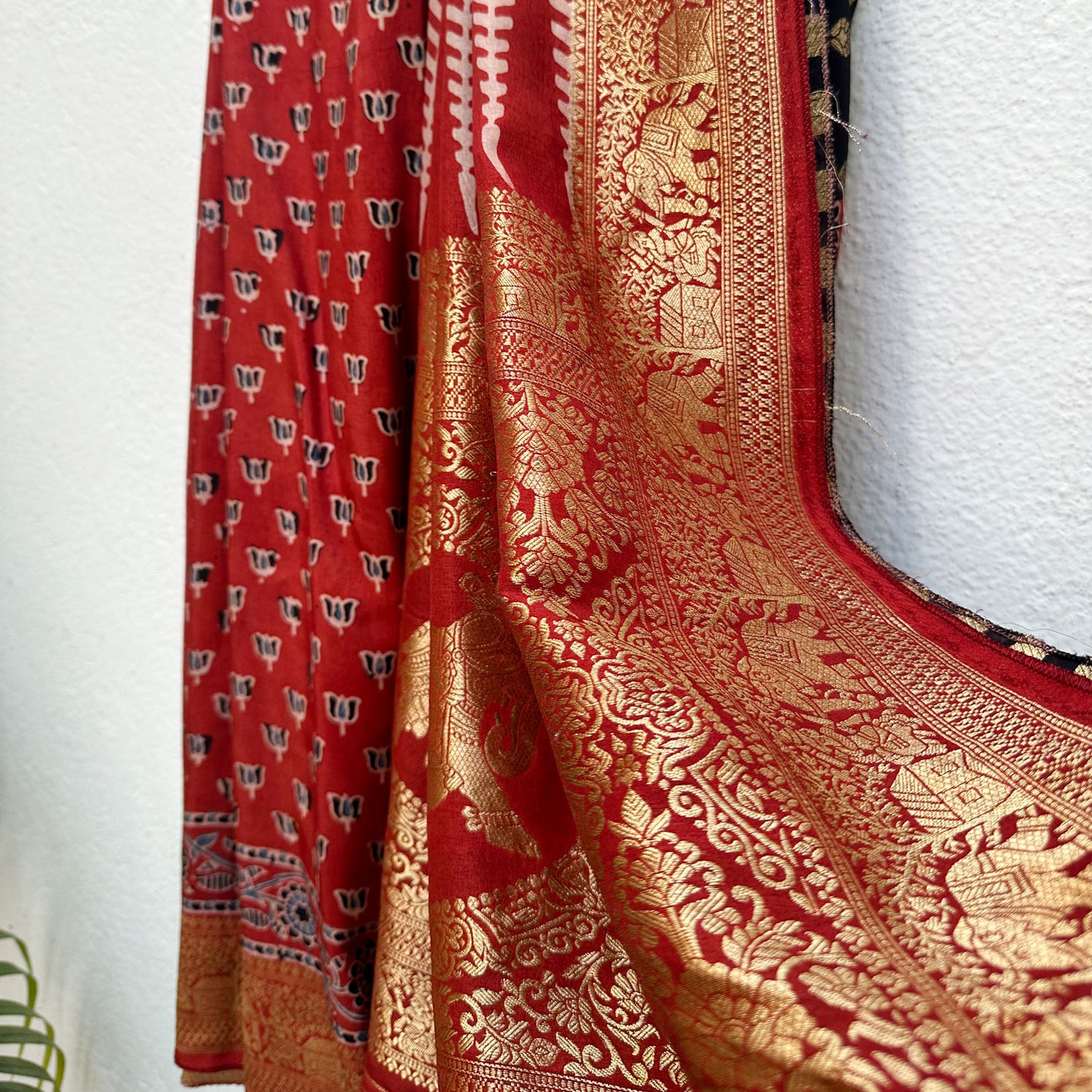 Padma Red Handblock Printed Ajrakh Modal Silk Saree