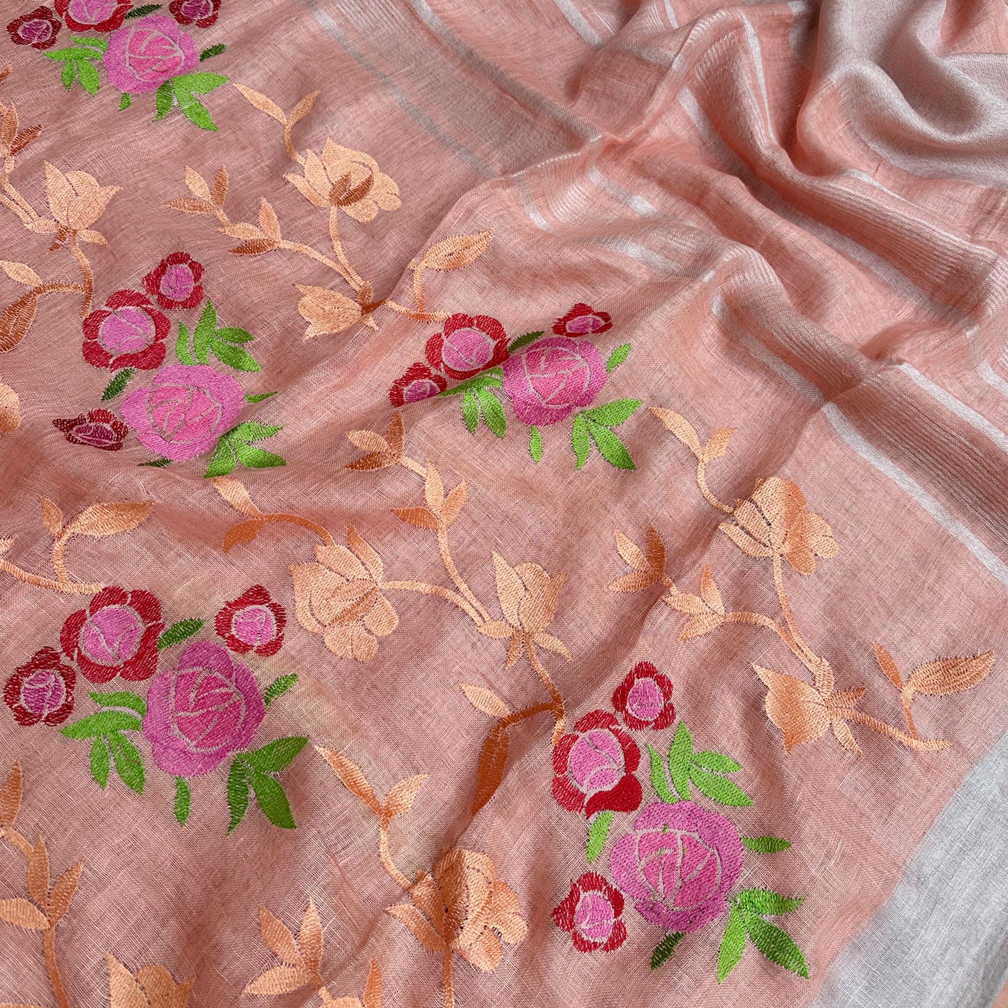 Peach Blossom Linen Embroidered Saree