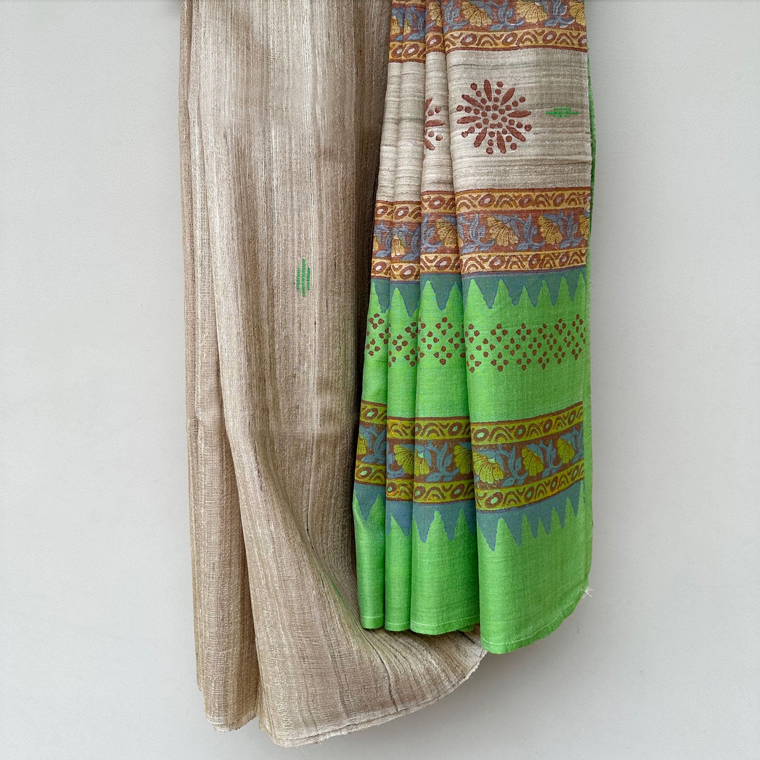 Rangmanch Handblock Printed Handwoven Tussar Silk Saree