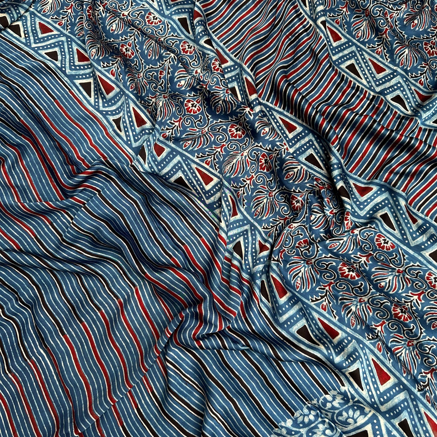 Rekha Handblock Printed Ajrakh Modal Silk Saree