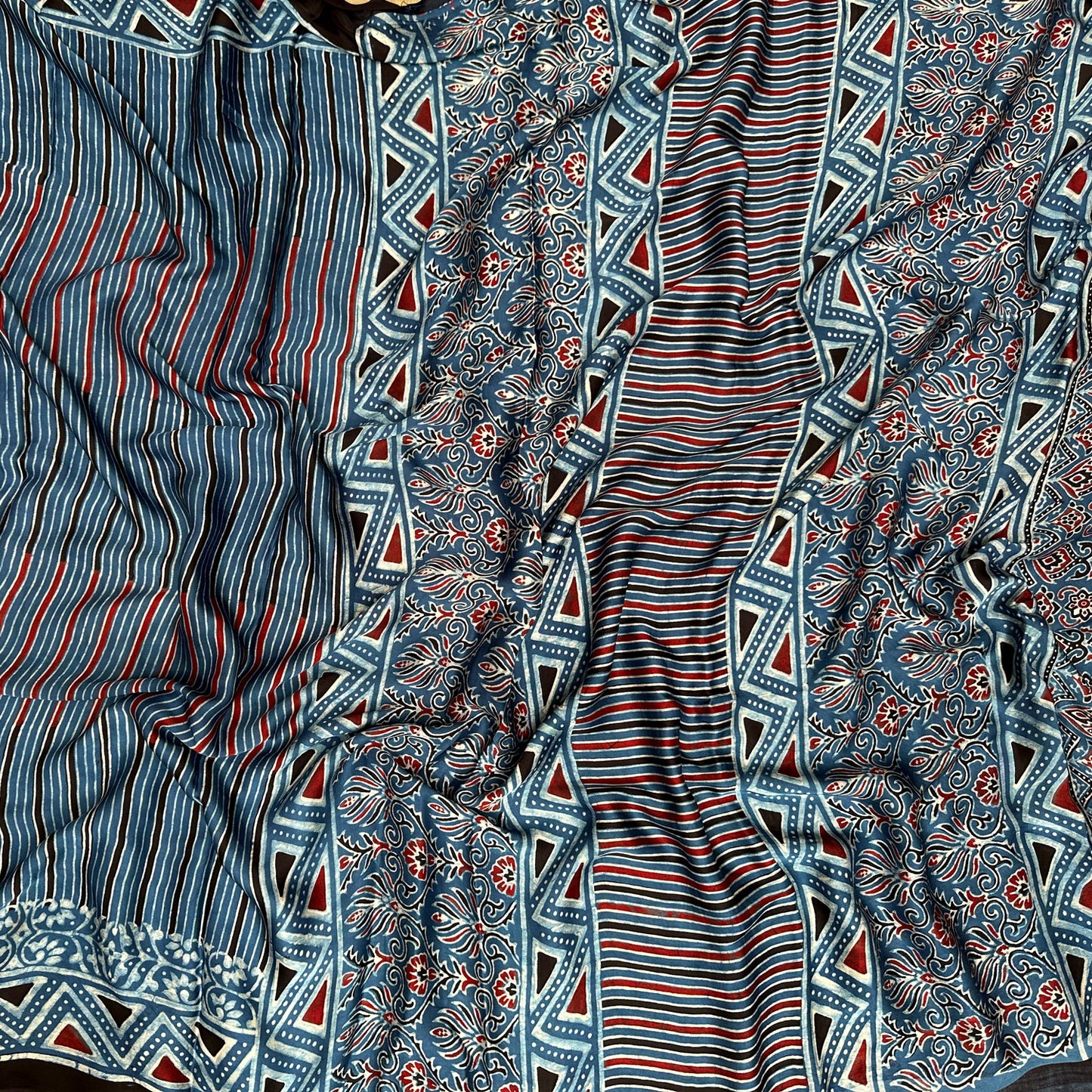 Rekha Handblock Printed Ajrakh Modal Silk Saree