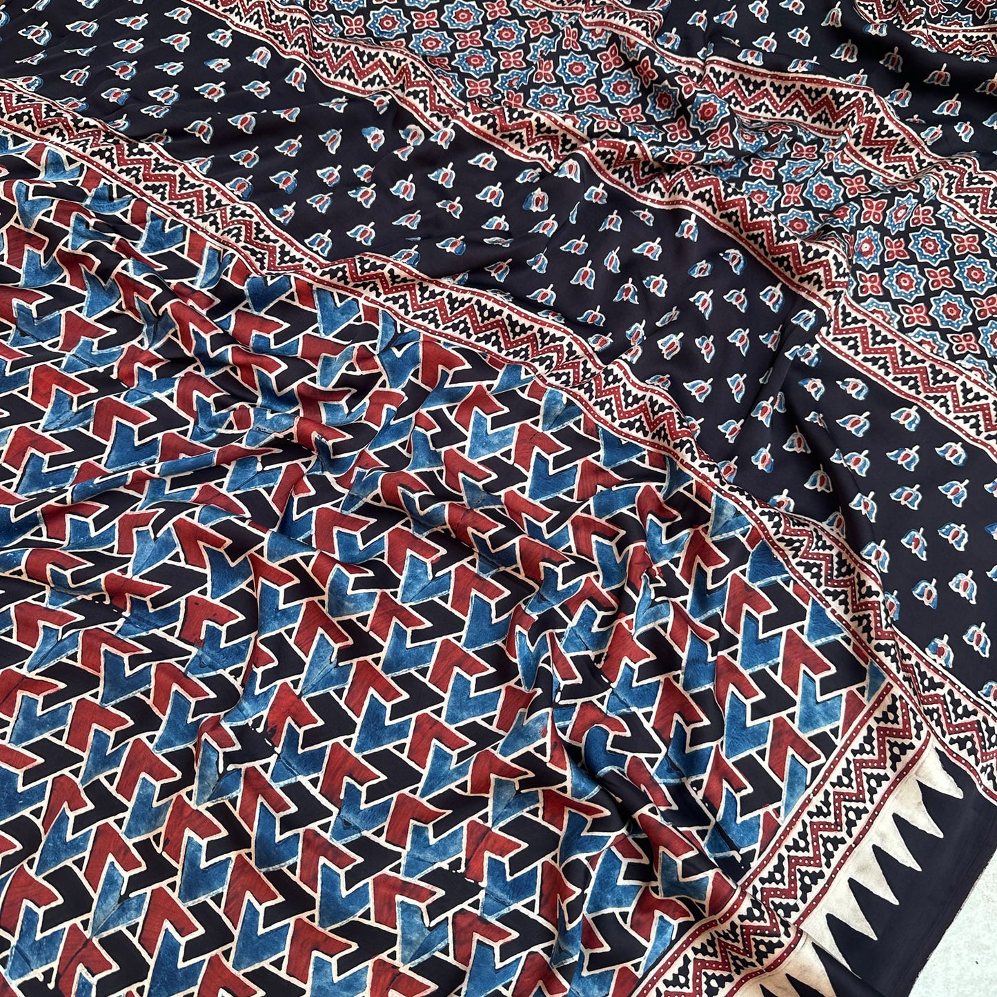Saanjh Handblock Printed Ajrakh Modal Silk Saree