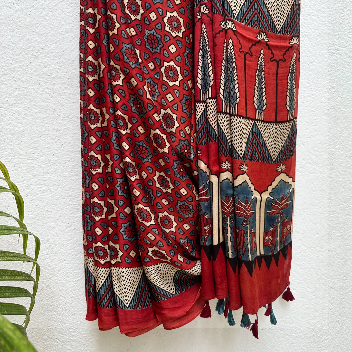 Saanjh Handblock Printed Ajrakh Modal Silk Saree