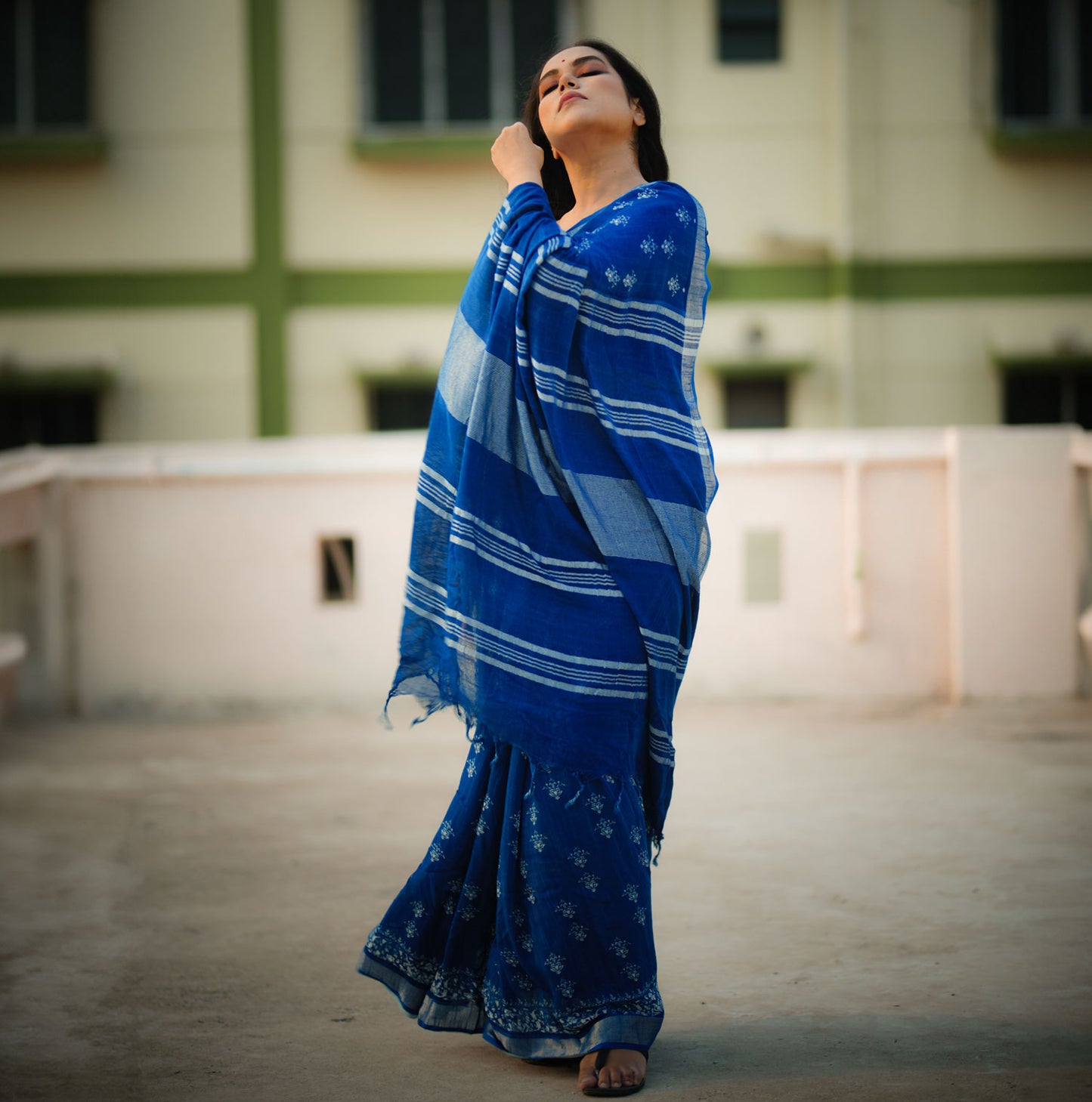 Santorini Blue Printed Organic Linen Saree