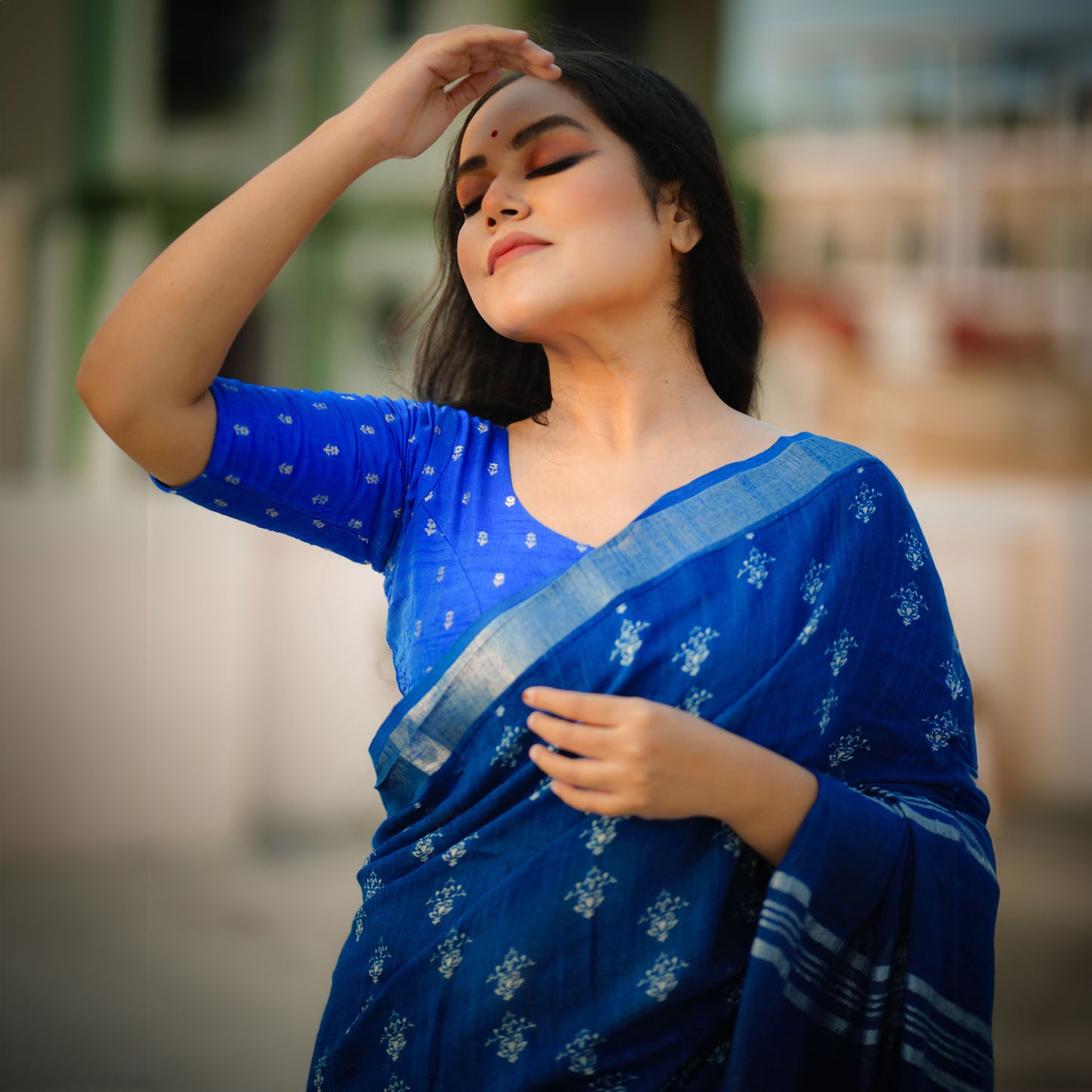 Santorini Blue Printed Organic Linen Saree