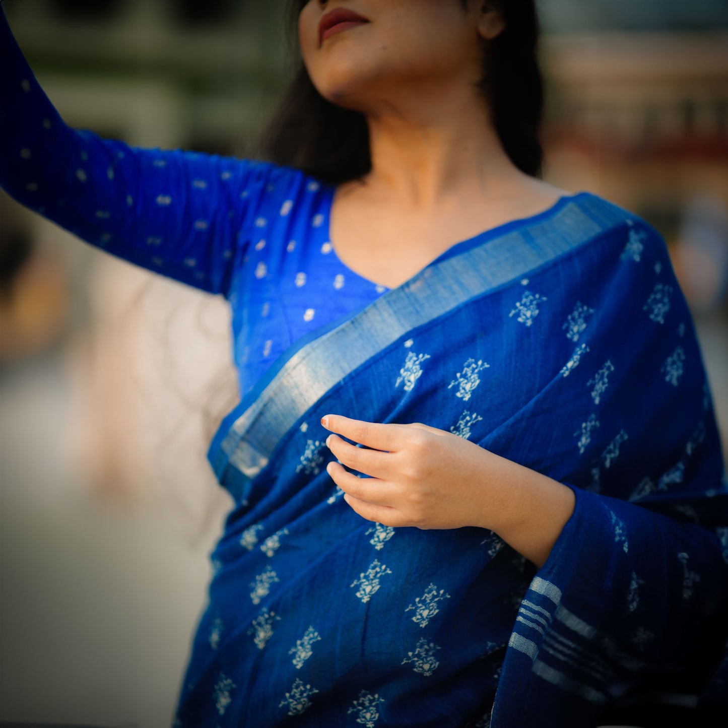 Santorini Blue Printed Organic Linen Saree
