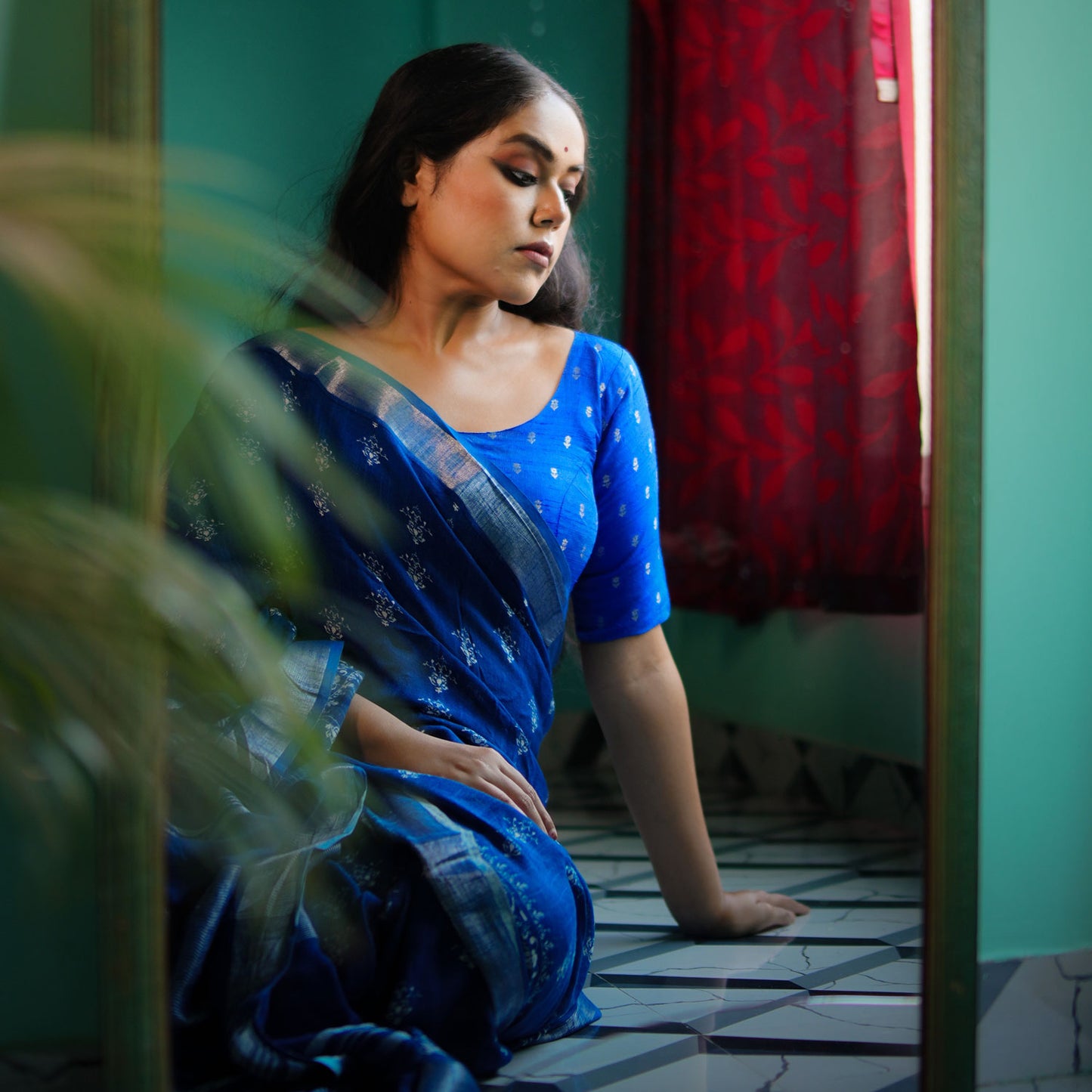Santorini Blue Printed Organic Linen Saree