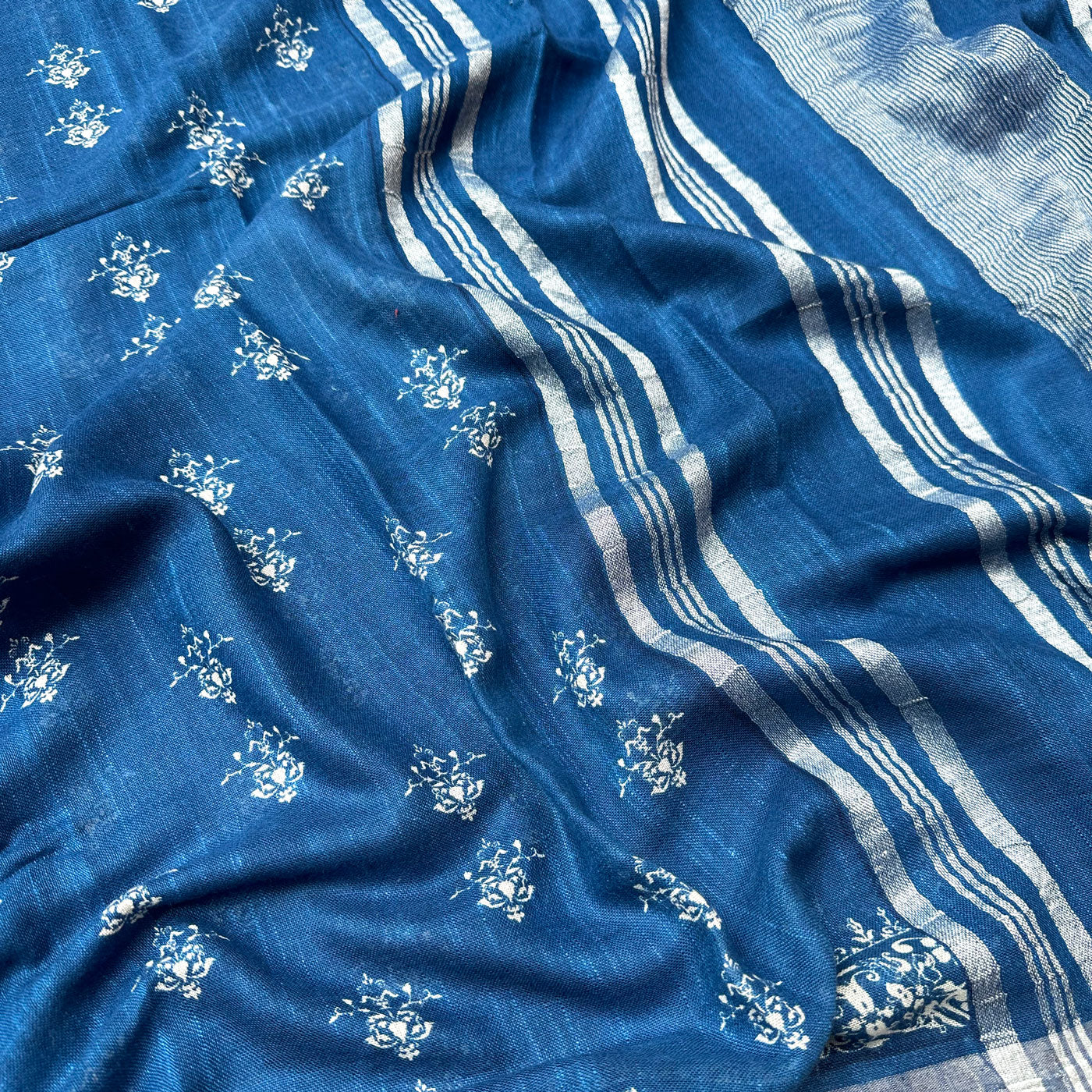 Santorini Blue Printed Organic Linen Saree