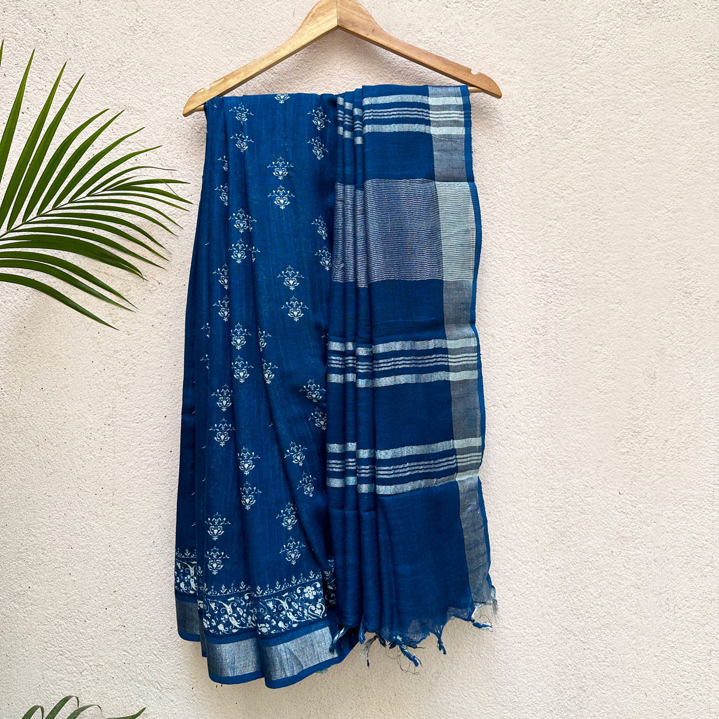 Santorini Blue Printed Organic Linen Saree