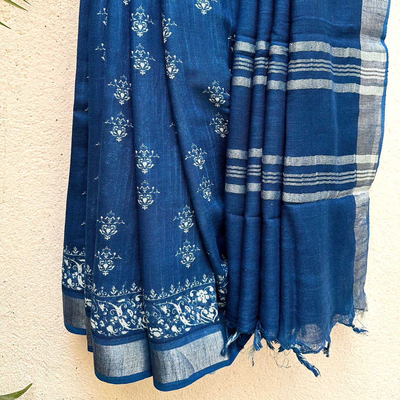 Santorini Blue Printed Organic Linen Saree