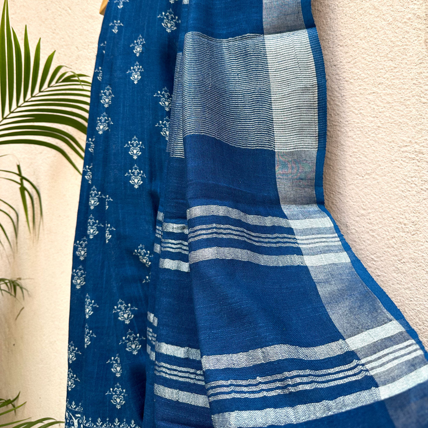 Santorini Blue Printed Organic Linen Saree