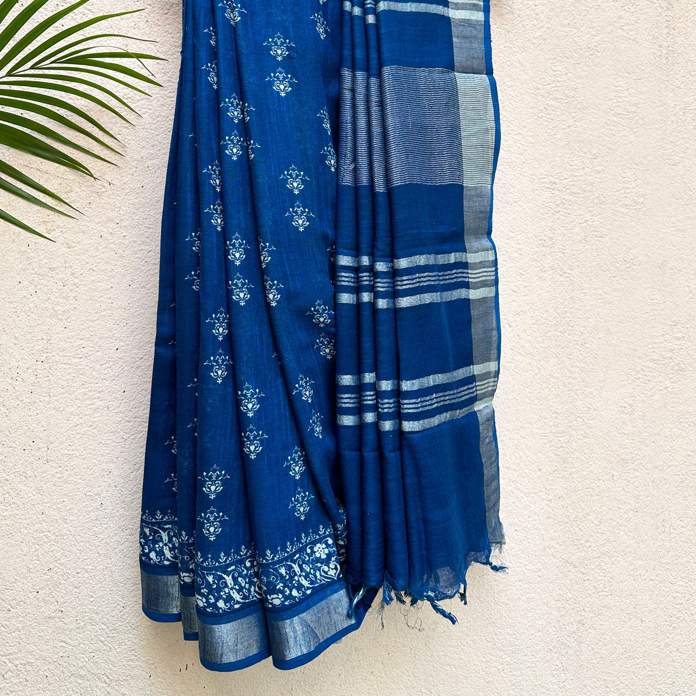 Santorini Blue Printed Organic Linen Saree