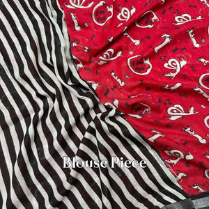 Artistic dog Print saree with stripe print blouse