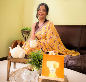 Sniff & Seek mustard cotton beagle print saree with daisy florals and dark brown zari pallu, Zoomies Collection by The Thread Weavers